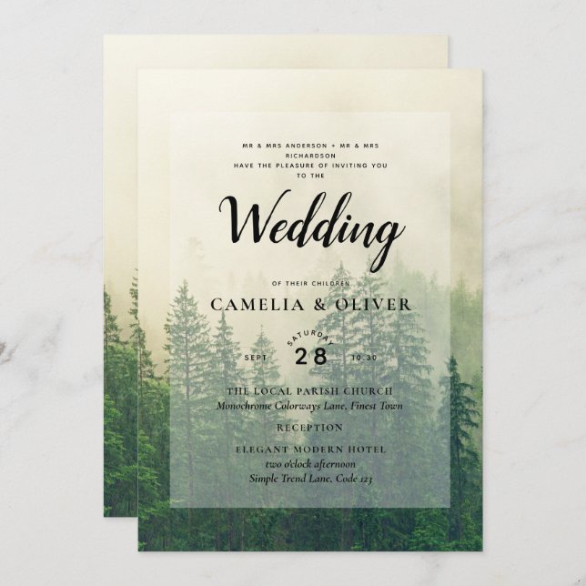 Invitation Misty Green Forest Pine Trees Mariage (Devant / Derrière)
