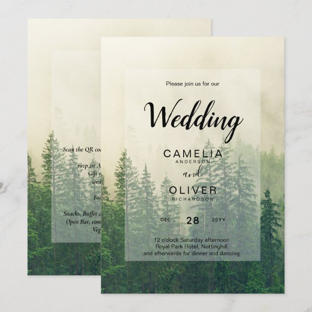 Invitation Misty Green Forest Pine Trees Mariage (Devant / Derrière)
