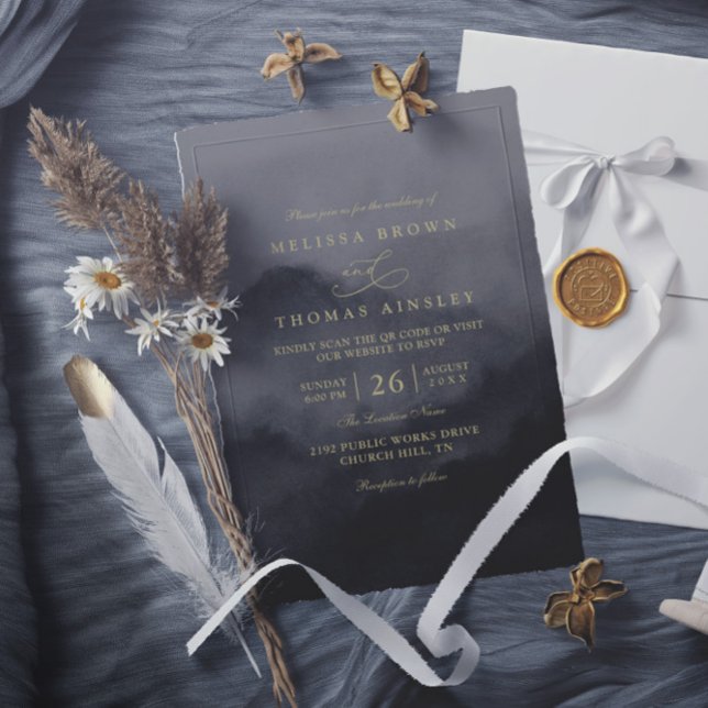Invitation Misty Mountain Black Watercolor QR Code Wedding (Créateur téléchargé)
