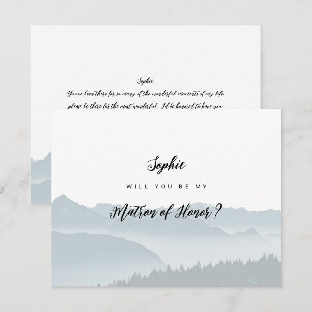 Invitation Misty Mountains Be My Matron of Honor Card (Devant / Derrière)