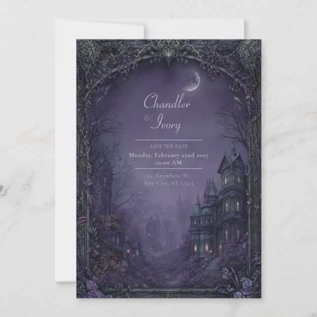 Invitation Misty Violet Moonlit Gothic Manor Wedding (Devant)