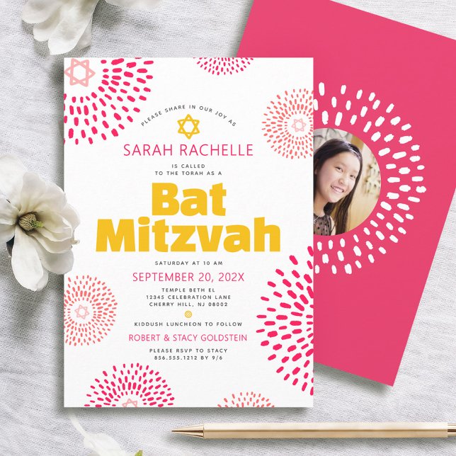 Invitation Mitzvah de Fille Rose Photo Étoile Éclatée Cool Gr (Créateur téléchargé)