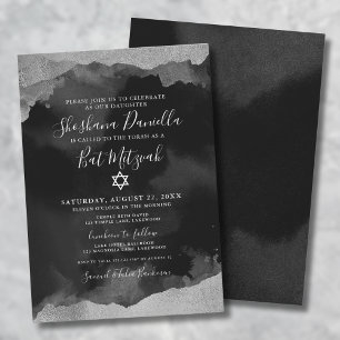 Invitation Mitzvah juive noire argent aquarelle