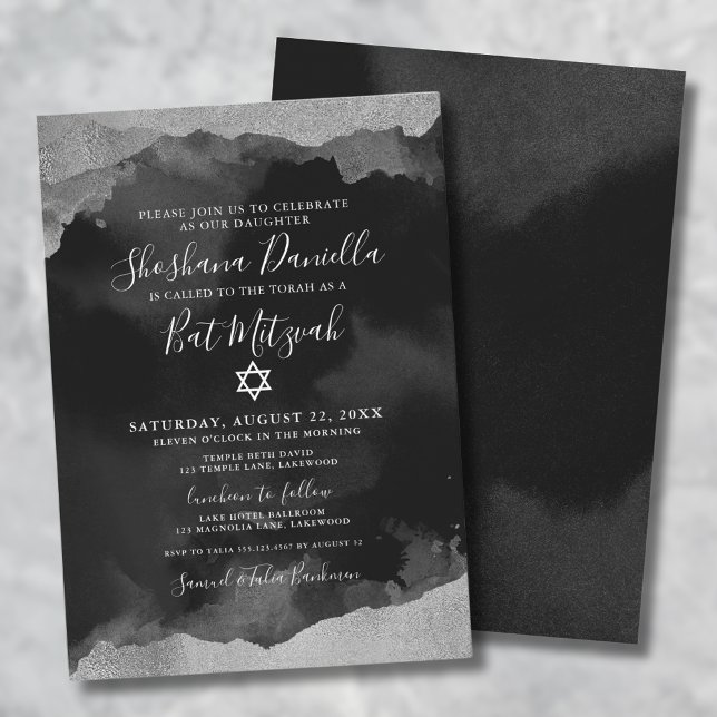 Invitation Mitzvah juive noire argent aquarelle (Bat Mitzvah Girl Black Silver Watercolor Jewish Invitation)