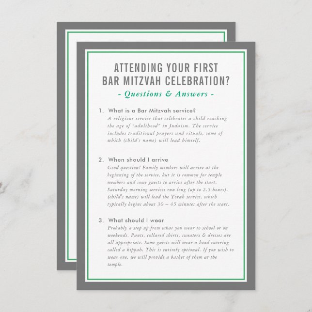 Invitation MITZVAH service information questions advice green (Devant / Derrière)