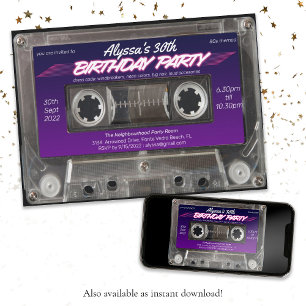 Invitation Mixtape Cassette Retro 80s Neon Purple Party