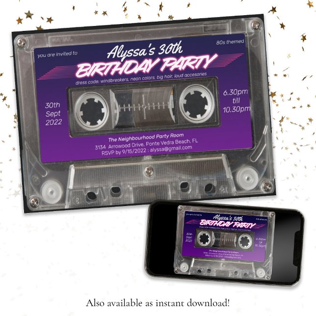 Invitation Mixtape Cassette Retro 80s Neon Purple Party (Mixtape Cassette Retro 80s Neon Purple Party Invitation)