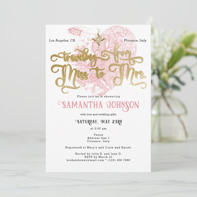 Invitation Mlle à Mme Chic Heart Map Fête des mariées de voya (Debout devant)