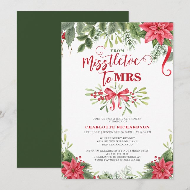 Invitation Mlle À Mme Mistletoe Elégante Fête des mariées d'h (Devant / Derrière)