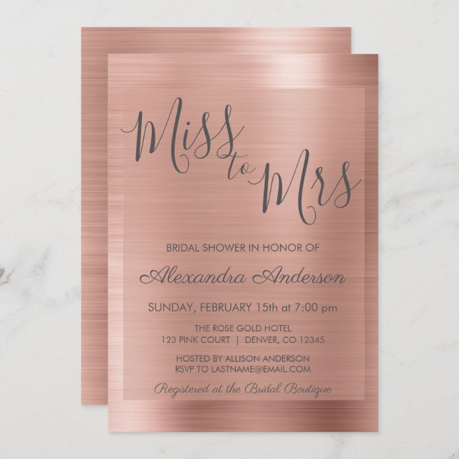 Invitation Mlle à Mme Rose Gold | Fête des mariées rose pâle (Devant / Derrière)