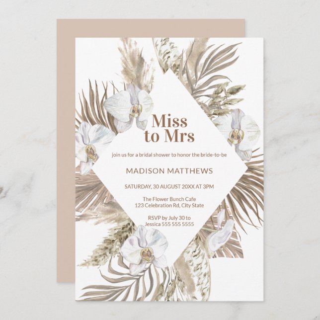 Invitation Mlle à Mme Tan et Fête des mariées florale de Boho (Devant / Derrière)