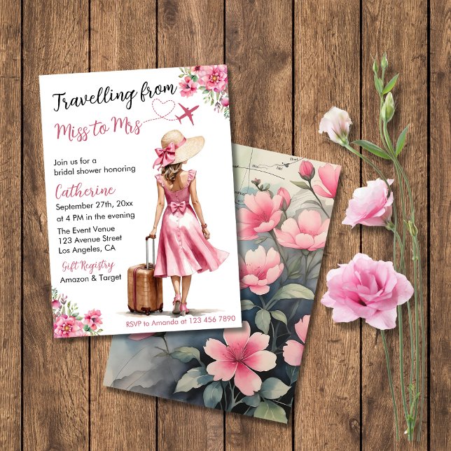Invitation Mlle à Mme Voyage Robe Rose Arc Bridal Shower (Flat lay love is a journey travel map bridal shower travelling from miss to mrs invitation card)