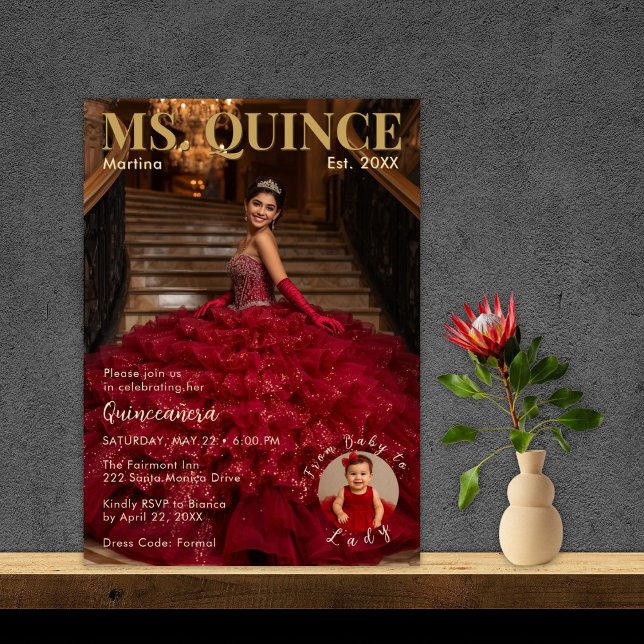 Invitation Mlle Quince Rouge et Or Quinceañera (Créateur téléchargé)