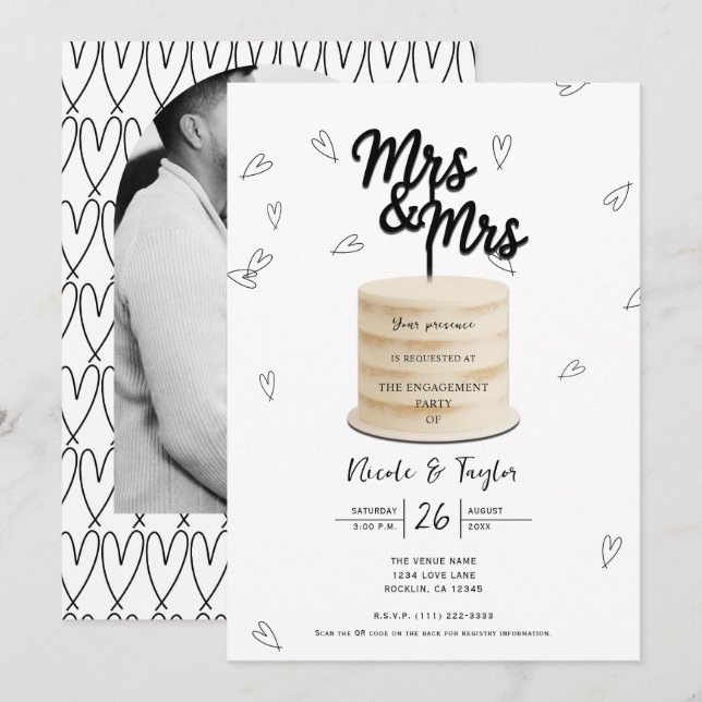 Invitation Mme & Mme Gâteau & Cœurs Noir Blanc Fiançailles (Devant / Derrière)