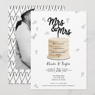 Invitation Mme & Mme Gâteau & Cœurs Noir Blanc Fiançailles