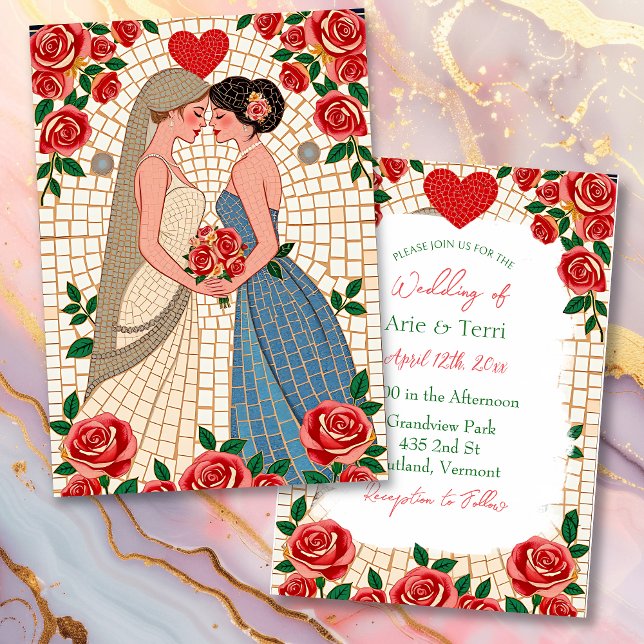 Invitation Mme & Mme Lesbian Mariage Mosaic Carrelage et Rose (Créateur téléchargé)