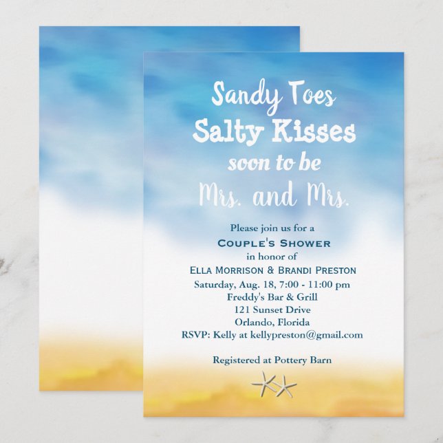 Invitation Mme & Mme Sandy Toes Douche Couple - ciel & sable (Devant / Derrière)