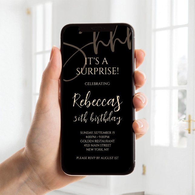 Invitation mobile d'anniversaire 30 ans surprise n (Surprise 30th Birthday Black Gold Mobile Invite)