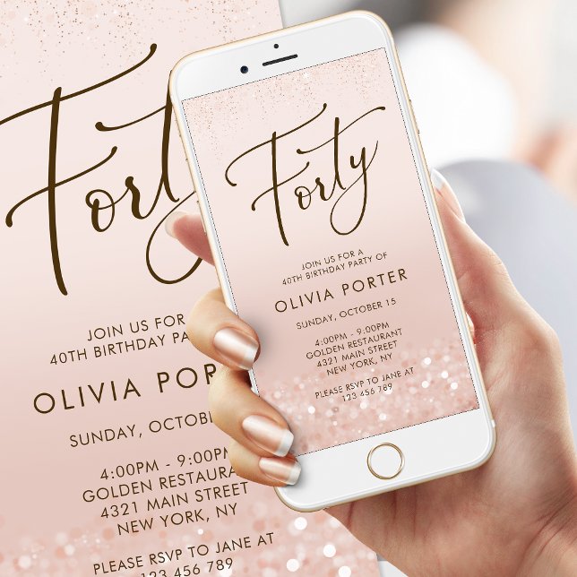 Invitation mobile d'anniversaire 40 ans pailletée  (Rose Gold Glitter 40th Birthday Mobile Invite)