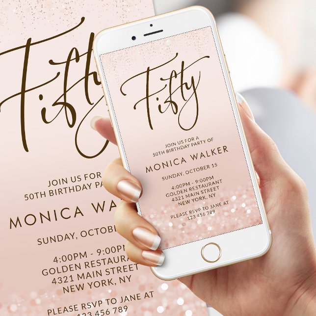Invitation mobile d'anniversaire 50 ans pailletée  (Rose Gold Glitter 50th Birthday Mobile Invite)