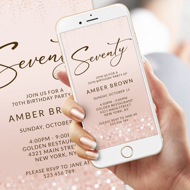 Invitation mobile d'anniversaire 70 ans paillettes (Rose Gold Glitter 70th Birthday Mobile Invite)