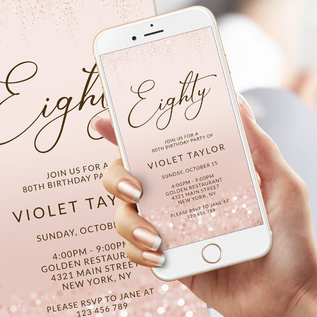 Invitation mobile d'anniversaire 80 ans paillettes (Rose Gold Glitter 80th Birthday Mobile Invite)