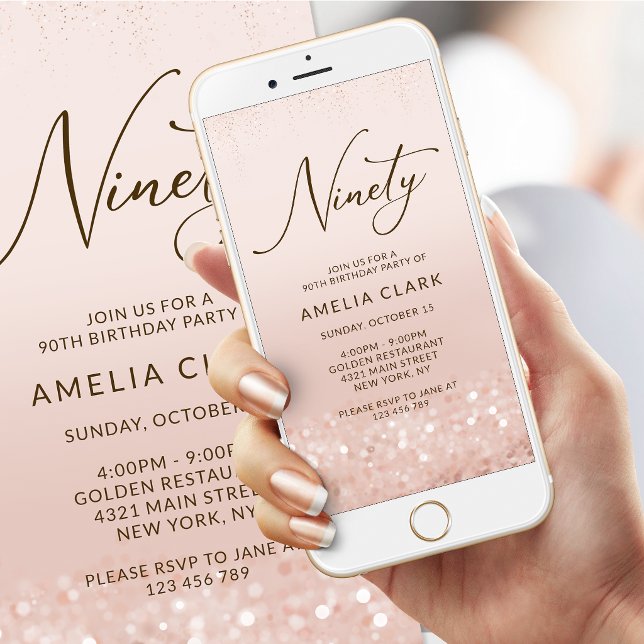 Invitation mobile d'anniversaire 90 ans pailletée  (Rose Gold Glitter 90th Birthday Mobile Invitation)