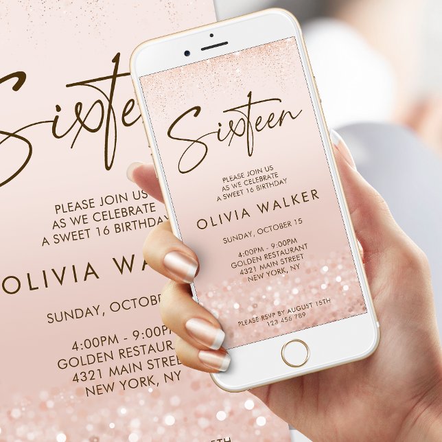 Invitation mobile d'anniversaire Sweet 16 pailleté (Rose Gold Glitter Sweet 16 Birthday Mobile Invite)