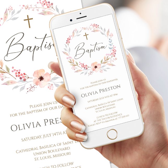 Invitation mobile de baptême de fille aux fleurs r (Blush Pink Floral Girl Baptism Mobile Invitation)
