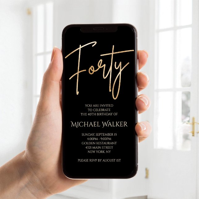 Invitation mobile pour 40e anniversaire en noir nu (Digital Black Gold 40th Birthday Mobile Invite)