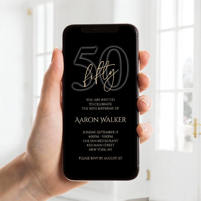 Invitation mobile pour 50e anniversaire en noir et (Modern Black Gold 50th Birthday Mobile Invite)