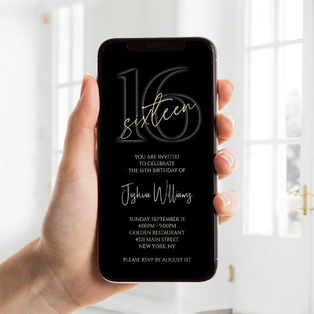 Invitation mobile pour les 16 ans de Digital Black (Digital Black Gold 16th Birthday Mobile Invite)