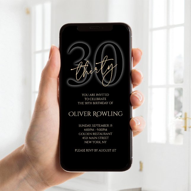 Invitation Mobile pour les 30 ans de Black Gold Mo (Modern Black Gold 30th Birthday Mobile Invite)