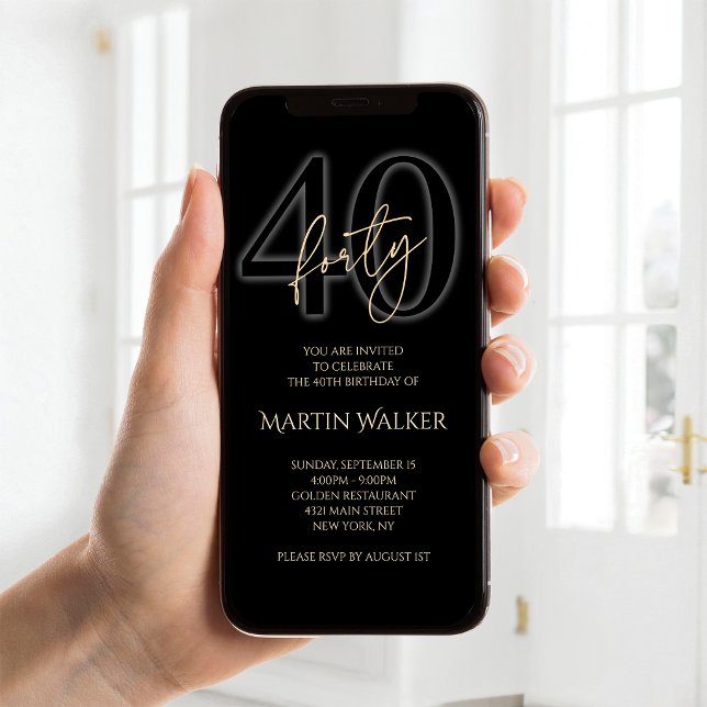Invitation Mobile pour les 40 ans de Modern Black  (Modern Black Gold 40th Birthday Mobile Invite)