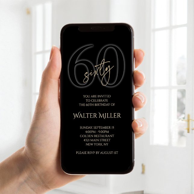 Invitation Mobile pour les 60 ans de Black Gold Mo (Modern Black Gold 60th Birthday Mobile Invite)