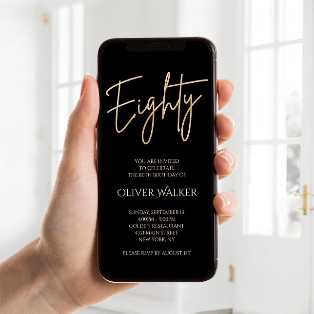 Invitation mobile pour les 80 ans de Digital Black (Digital Black Gold 80th Birthday Mobile Invite)