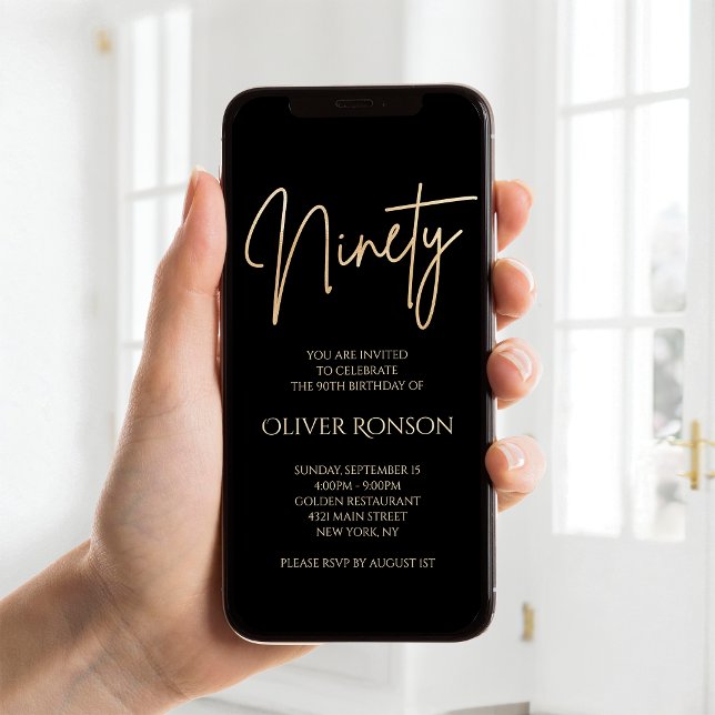 Invitation Mobile pour les 90 ans de Digital Black (Digital Black Gold 90th Birthday Mobile Invite)