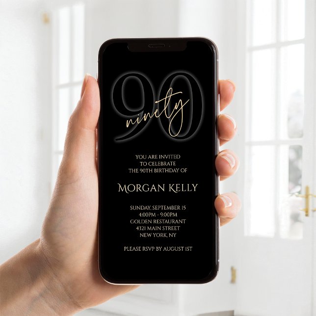 Invitation Mobile pour les 90 ans de Modern Black  (Modern Black Gold 90th Birthday Mobile Invite)