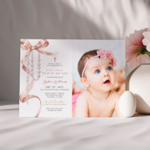 Invitation Mocha Bow & Rosary Photo Première communion sainte