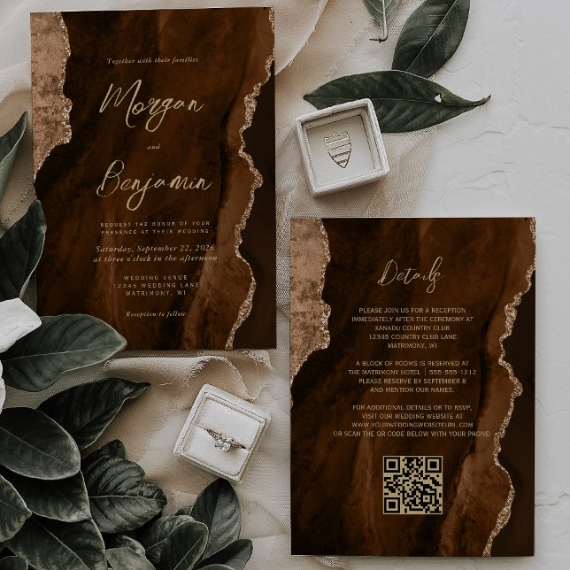Invitation Mocha Brown Agate Gold Script QR Code Mariage (Créateur téléchargé)