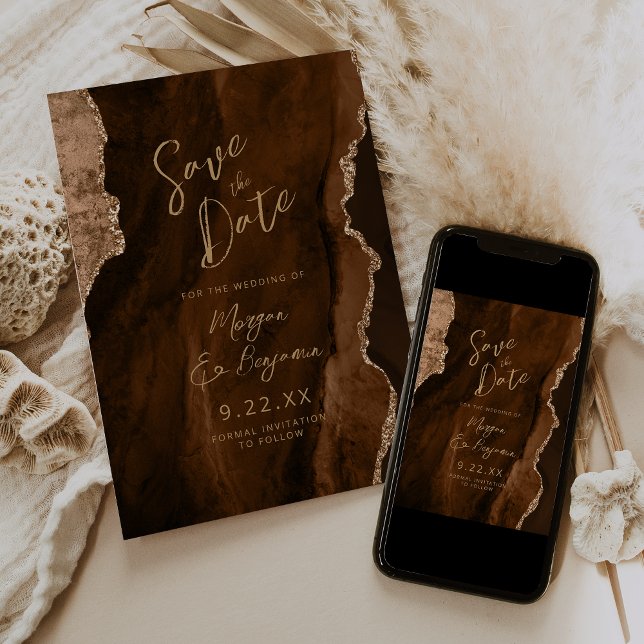 Invitation Mocha Brown Agate Script Wedding Save the Date (Créateur téléchargé)