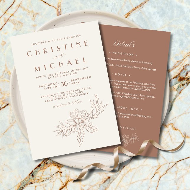 Invitation Mocha Brown Floral Forme Tout en un Mariage ivoire (Mocha Mousse Floral Formal Ivory All-In-One Wedding Invitation with Magnolia Flower. Wedding Details)
