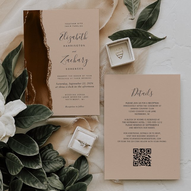 Invitation Mocha Brown Gold Agate Tam QR Code Mariage (Créateur téléchargé)