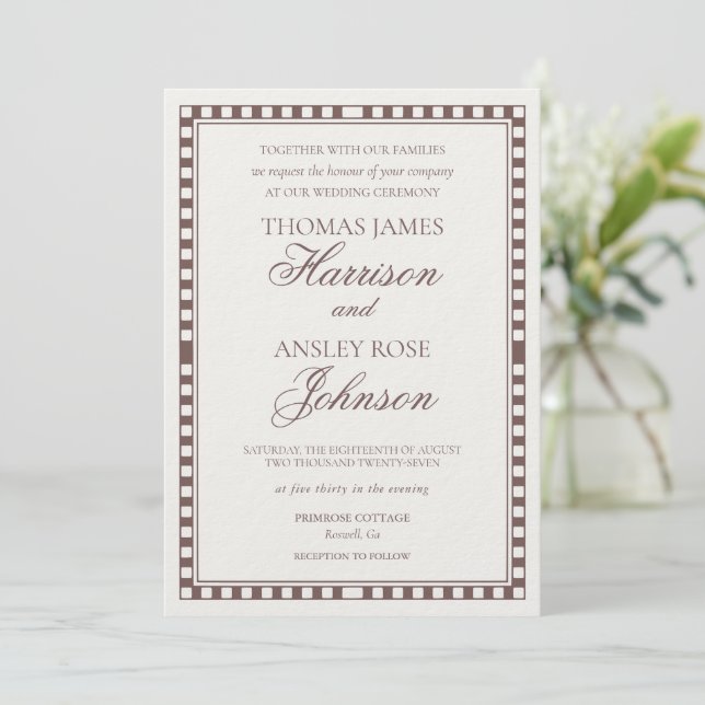 Invitation Mocha Brown Harlequin Checkered Wedding (Debout devant)