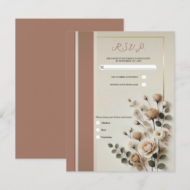Invitation Mocha Mousse & Bone Blanc Neutre Floral RSVP (Devant / Derrière)