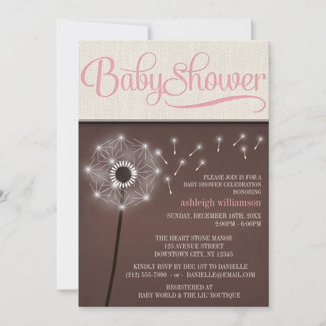 Invitation Mocha Rustic Linen Girl Dandelion Baby shower (Devant)