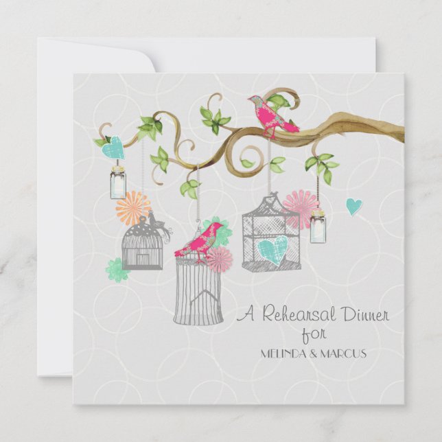 Invitation Mod Bird Cage Mason Jar Coeur Fête des mariées flo (Devant)