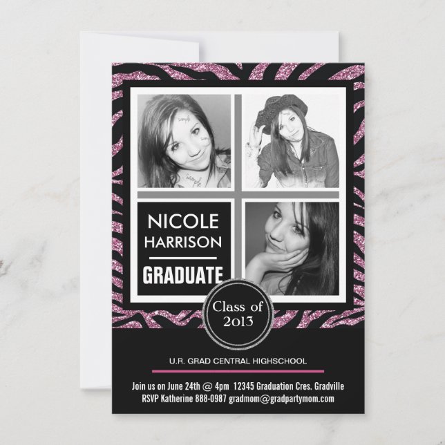 Invitation Mod Faux Parties scintillant rose Zebra 3 - 3ème d (Devant)