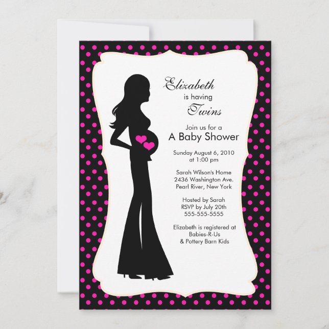 Invitation Mod Mom Twins Baby showers Girls "hot rose" (Devant)