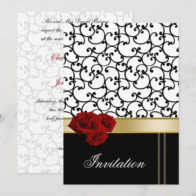 invitation mod roses rouges mariage damassé (Devant / Derrière)